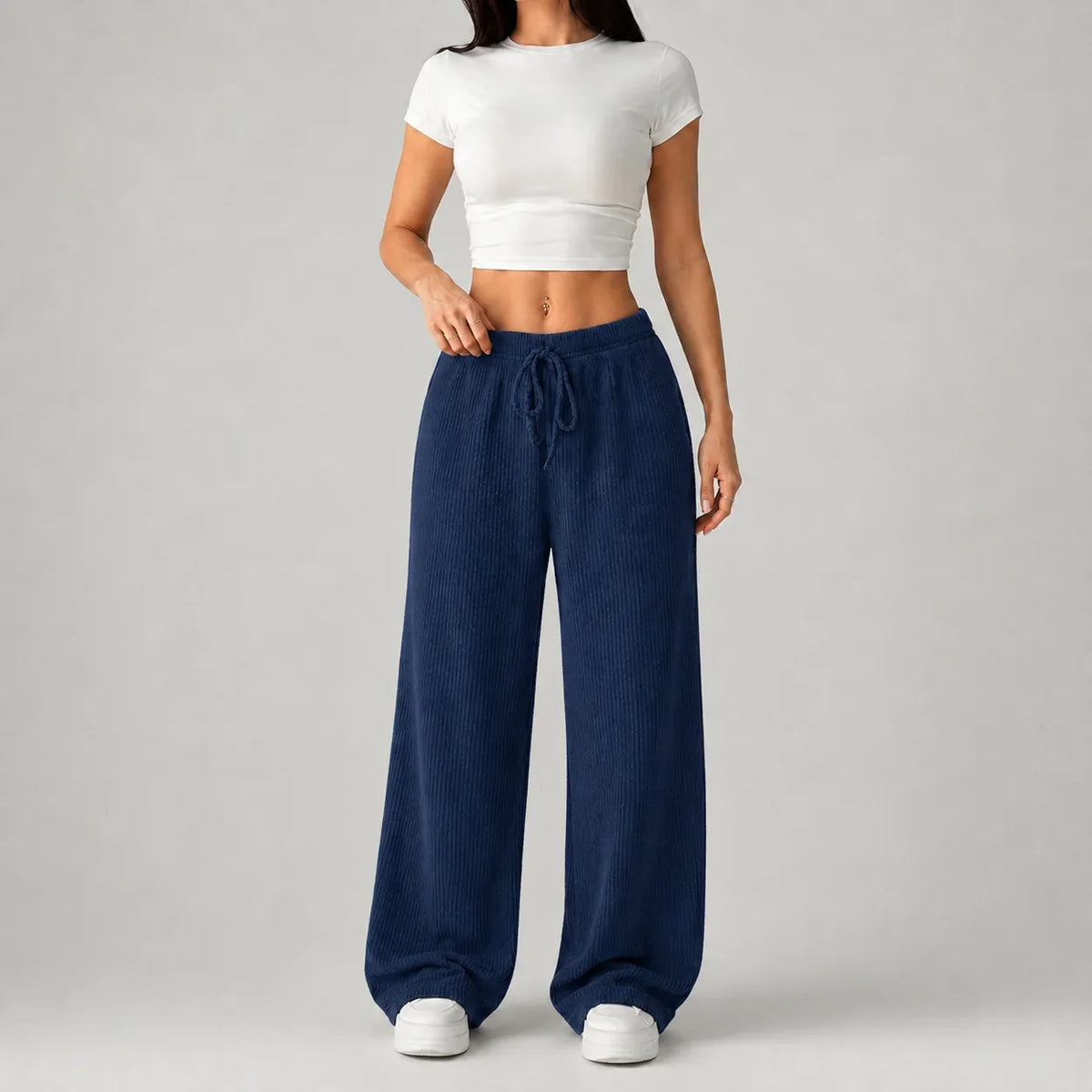 Pantalon large côtelé à taille haute et cordon — Amielle Paris
