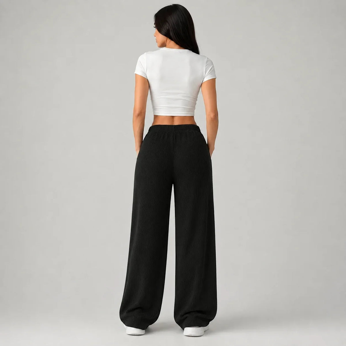 Pantalon large côtelé à taille haute et cordon — Amielle Paris