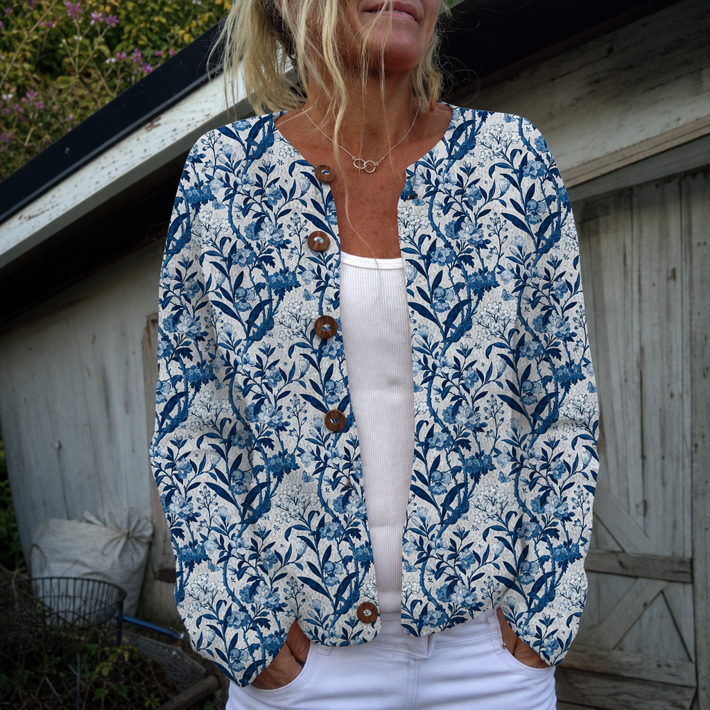 Blandine | Cardigan floral bleu et blanc