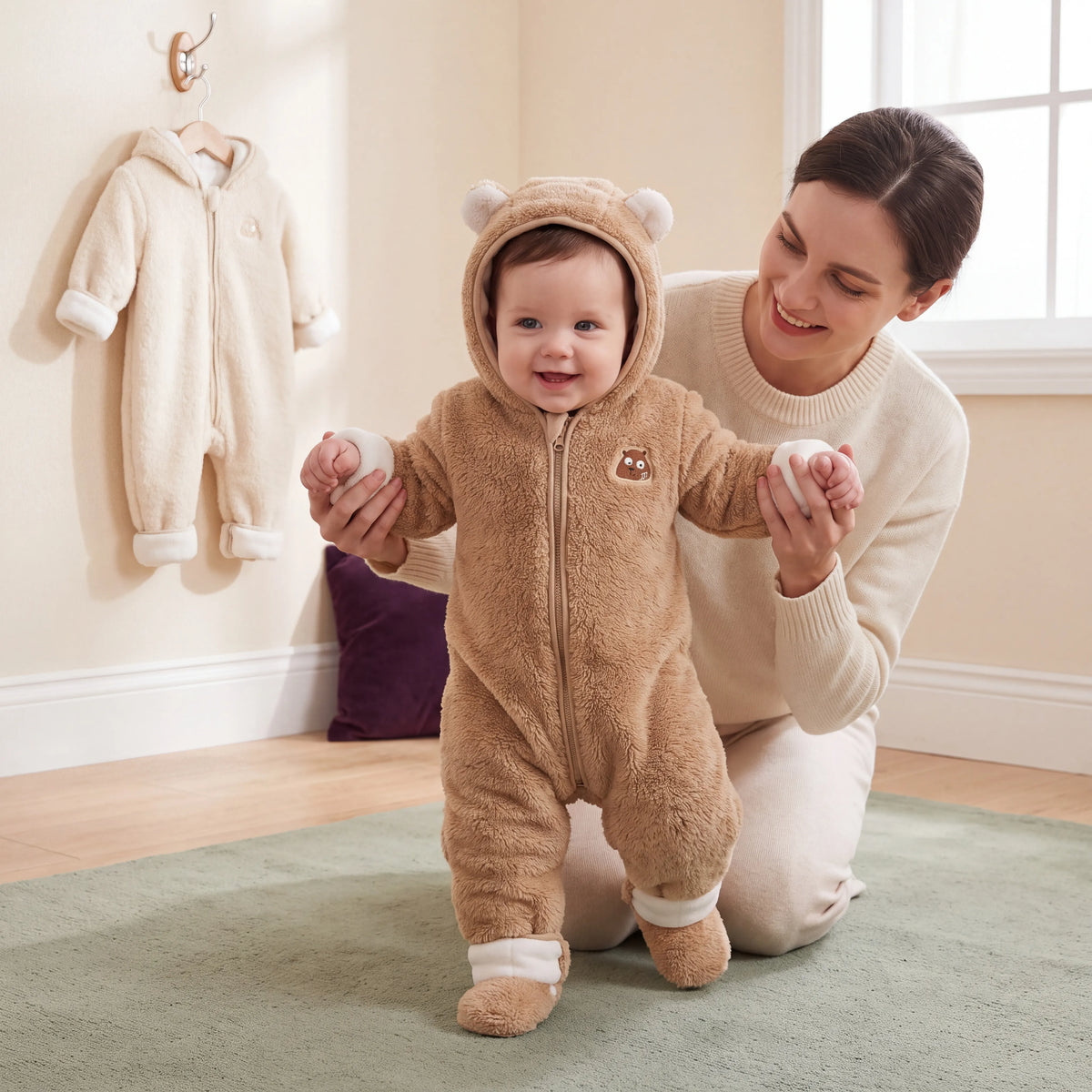 Combinaison bébé en flanelle à capuche ours — vue 2