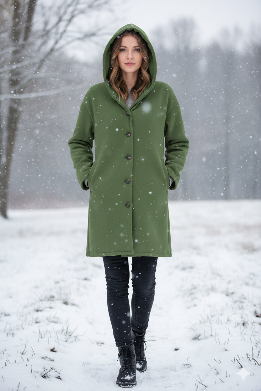 Manteau long à capuche et revers crantés — Amielle Paris