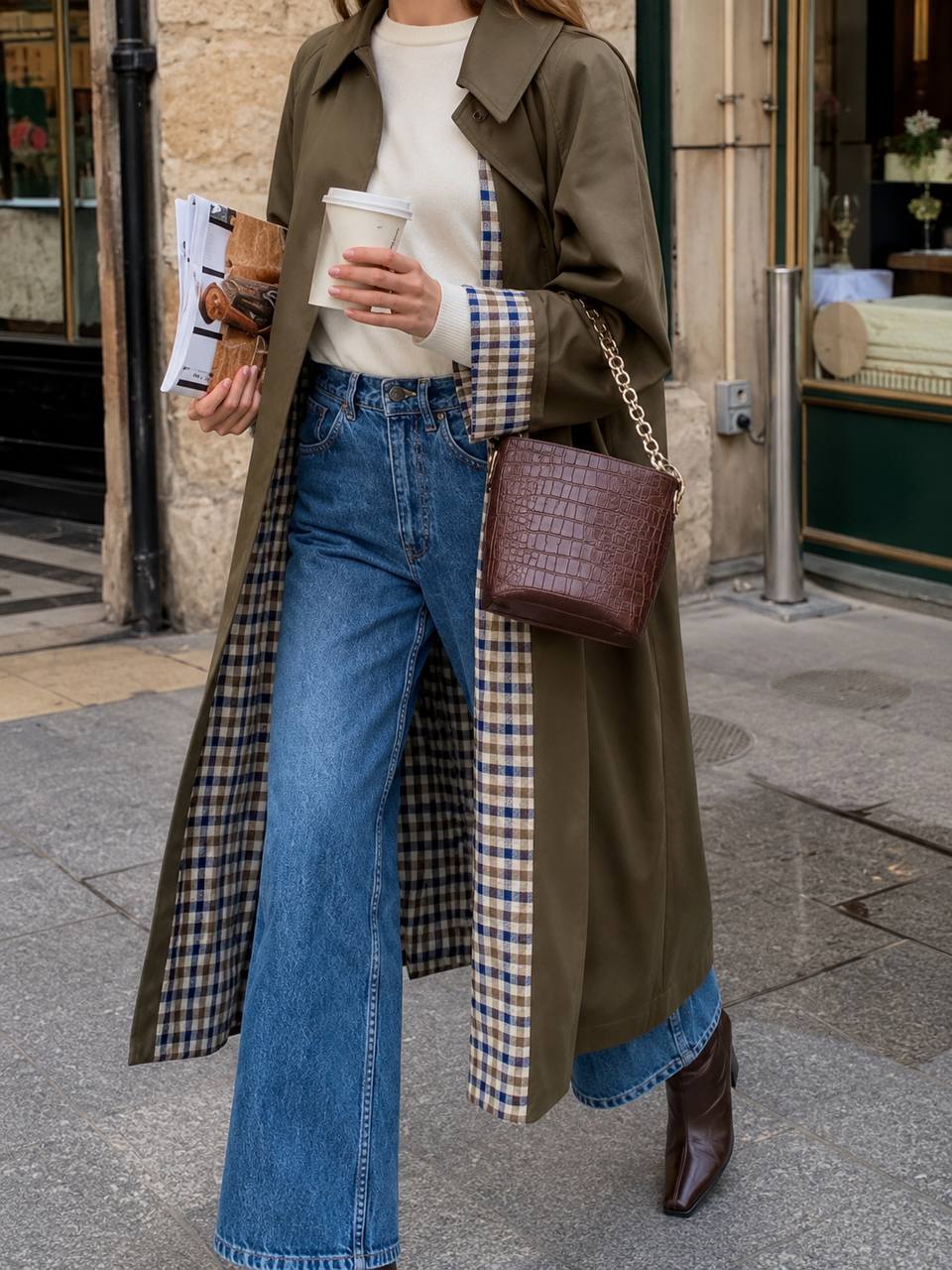 Trench long ceinturé à doublure à carreaux — Amielle Paris