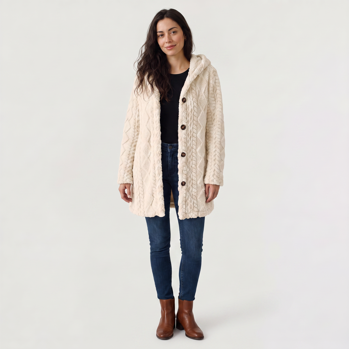 Cardigan long à capuche en polaire peluche — Amielle Paris — vue 4