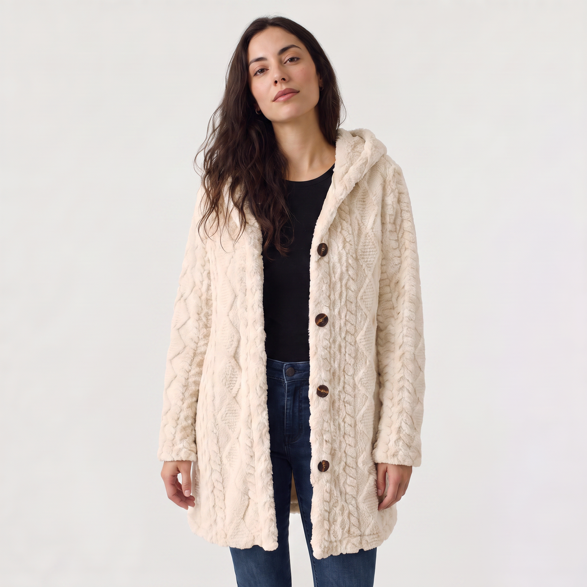 Cardigan long à capuche en polaire peluche — Amielle Paris — vue 1