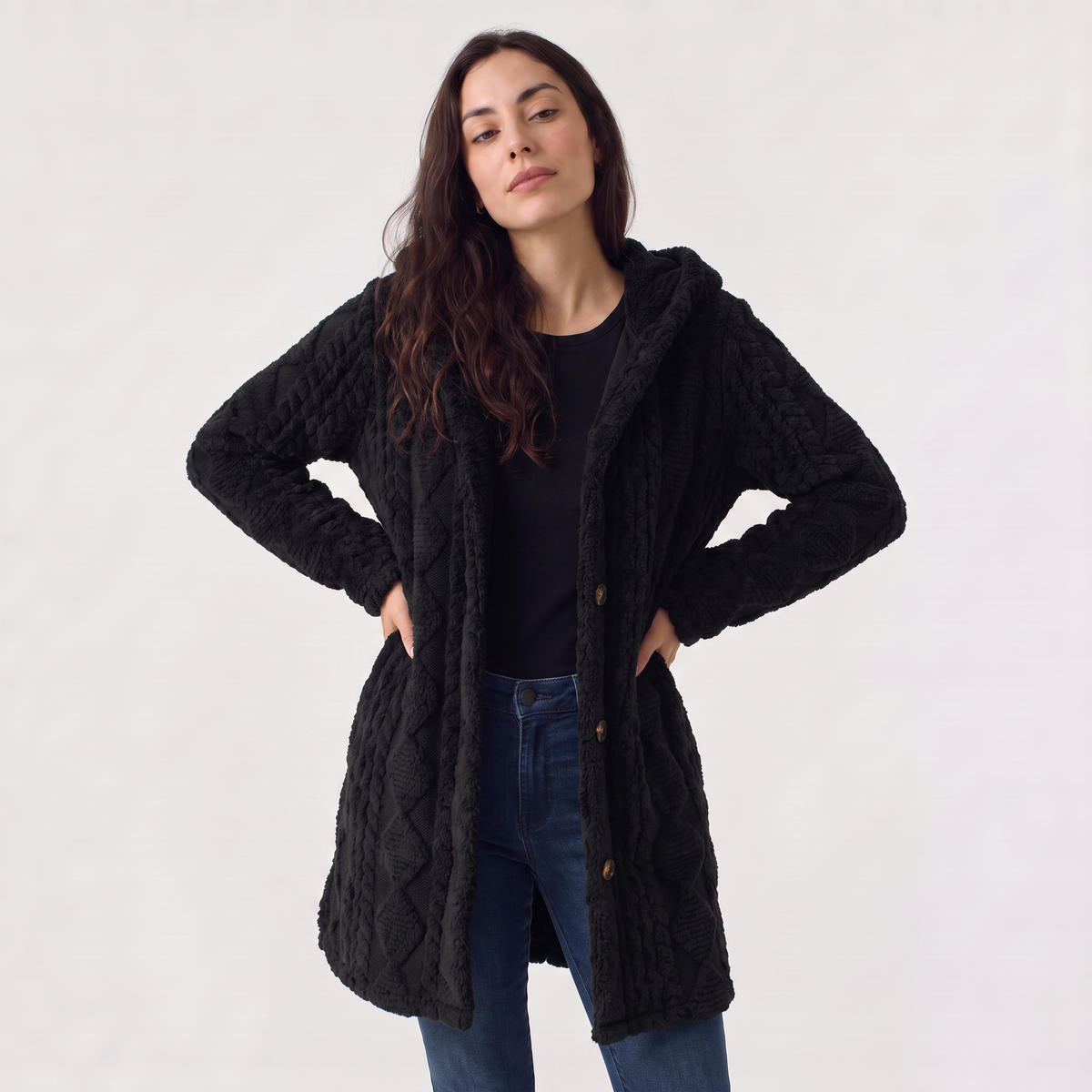 Cardigan long à capuche en polaire peluche — Amielle Paris — vue 9