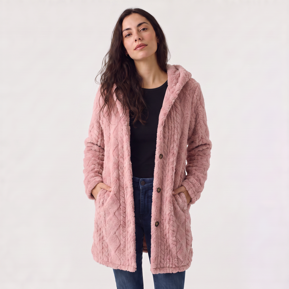 Cardigan long à capuche en polaire peluche — Amielle Paris — vue 14