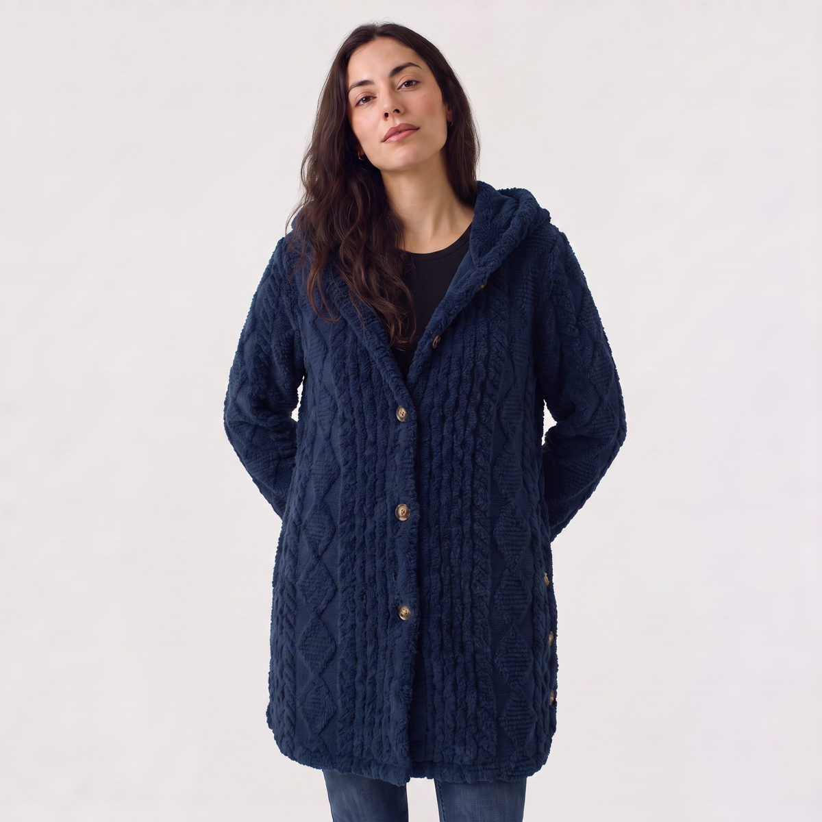 Cardigan long à capuche en polaire peluche — Amielle Paris — vue 10