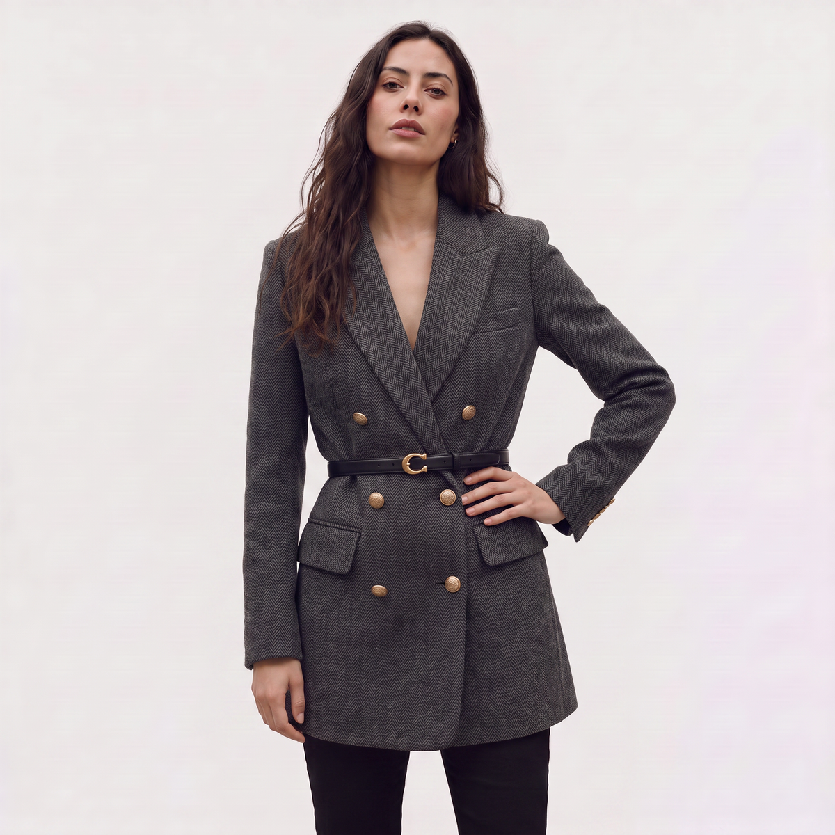 Blazer croisé en tweed à chevrons et ceinture — Amielle Paris — vue 9
