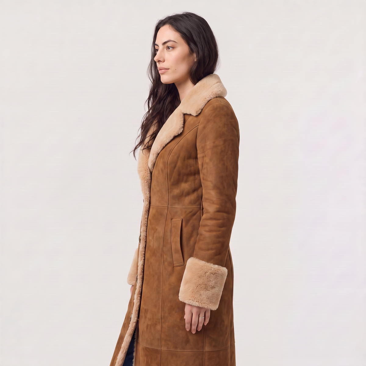 Manteau long effet daim à bordures fausse fourrure — Amielle Paris — vue 6