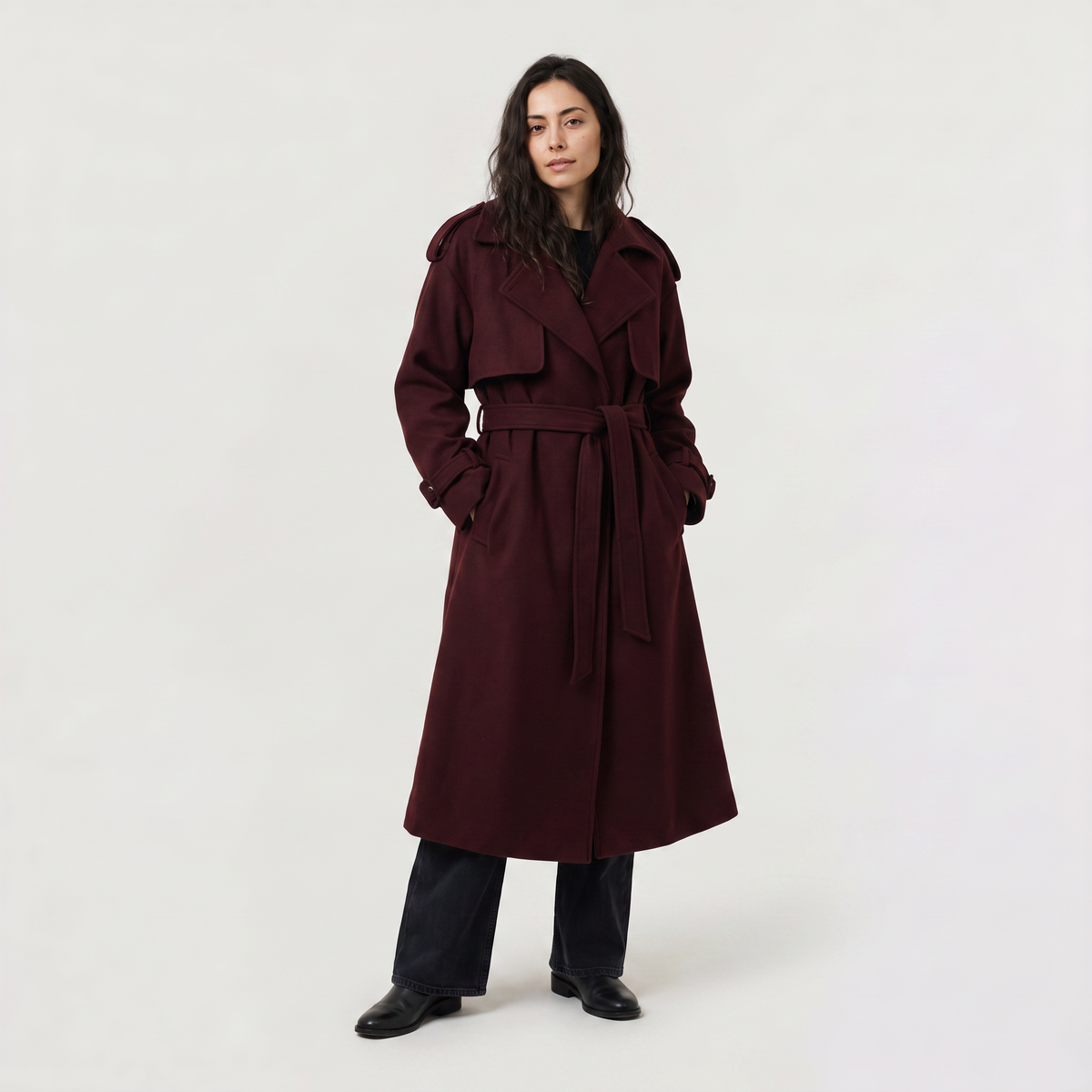 Manteau long ceinturé en laine et coton — Amielle Paris — vue 1
