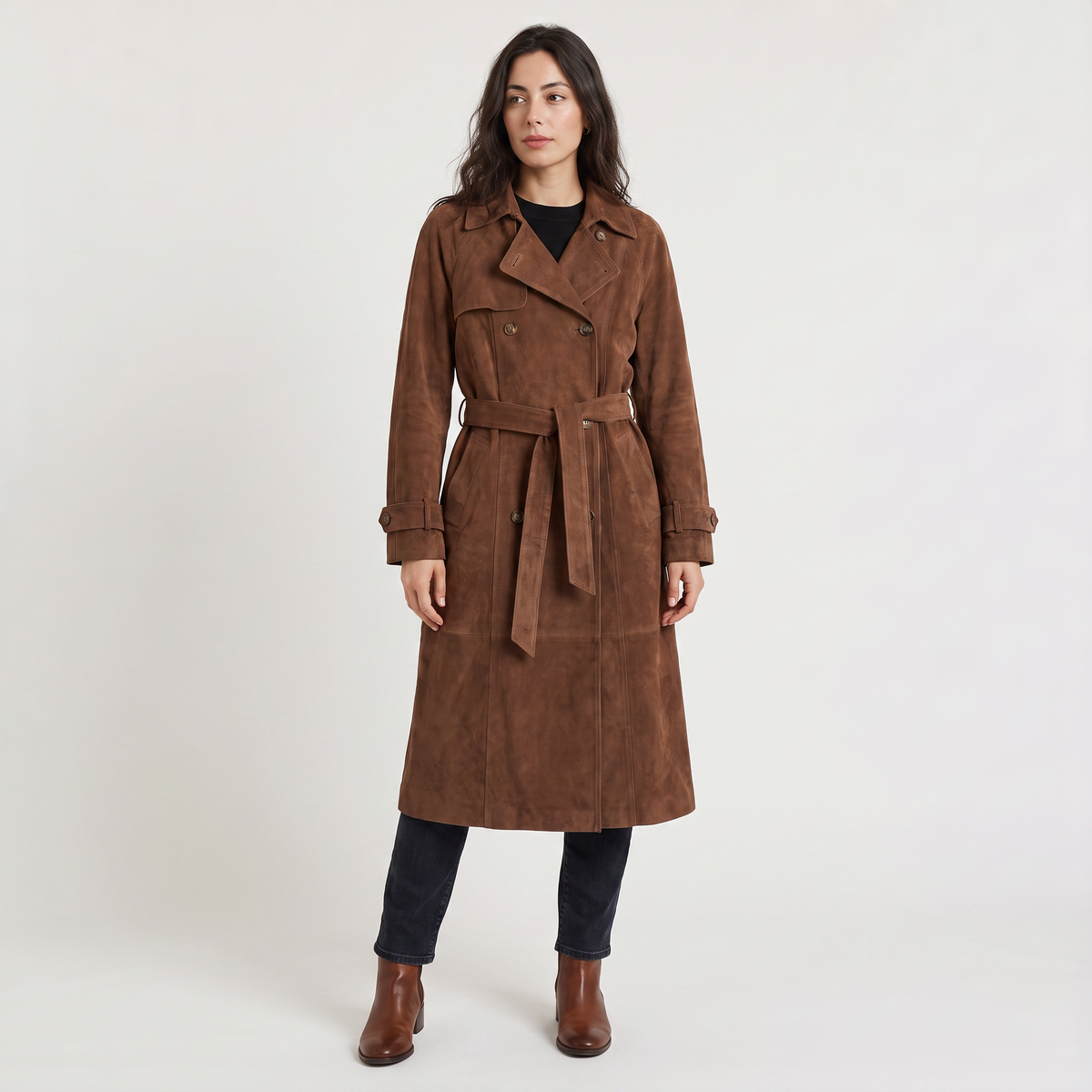 Trench long ajusté effet daim avec ceinture — Amielle Paris — vue 1