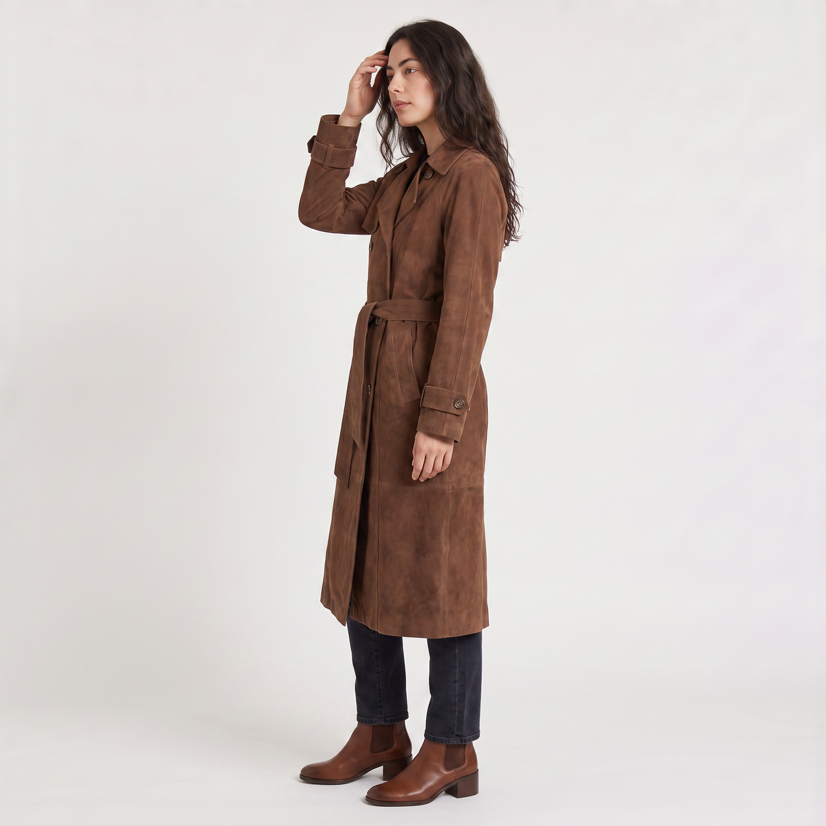 Trench long ajusté effet daim avec ceinture — Amielle Paris — vue 4