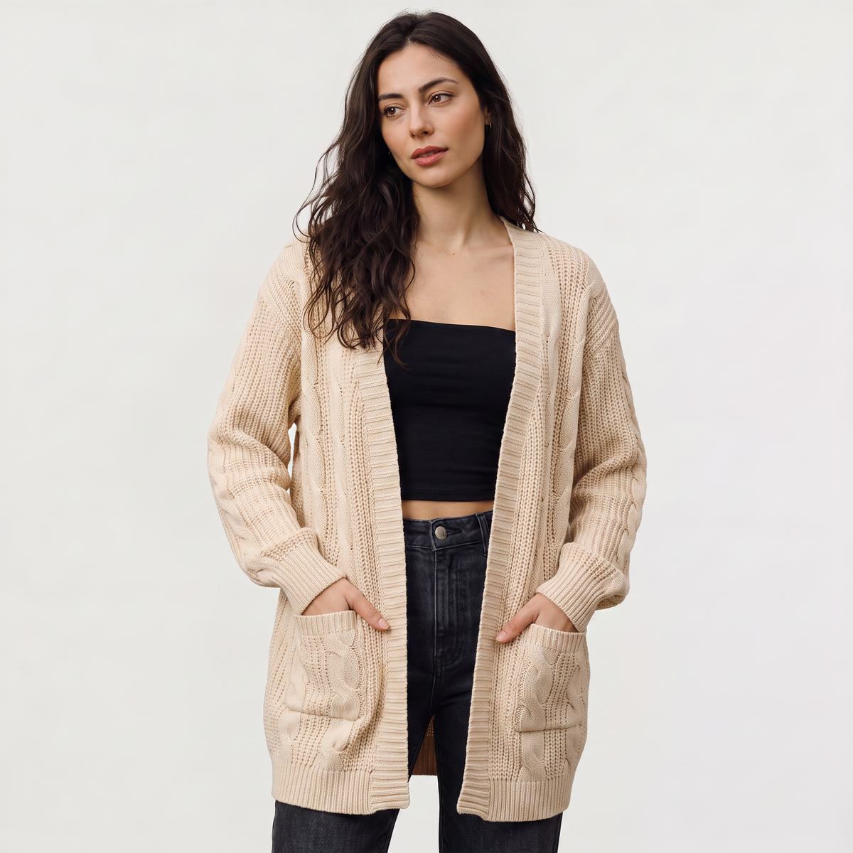 Cardigan long ouvert à torsades et manches chauve-souris — Amielle Paris — vue 3