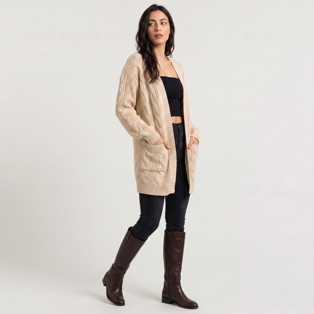 Cardigan long ouvert à torsades et manches chauve-souris — Amielle Paris — vue 6