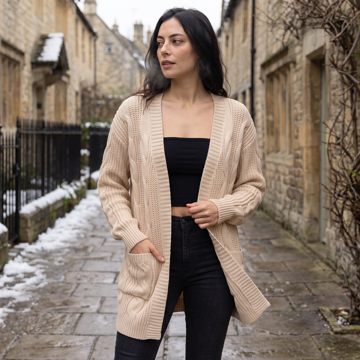 Cardigan long ouvert à torsades et manches chauve-souris — Amielle Paris — vue 2