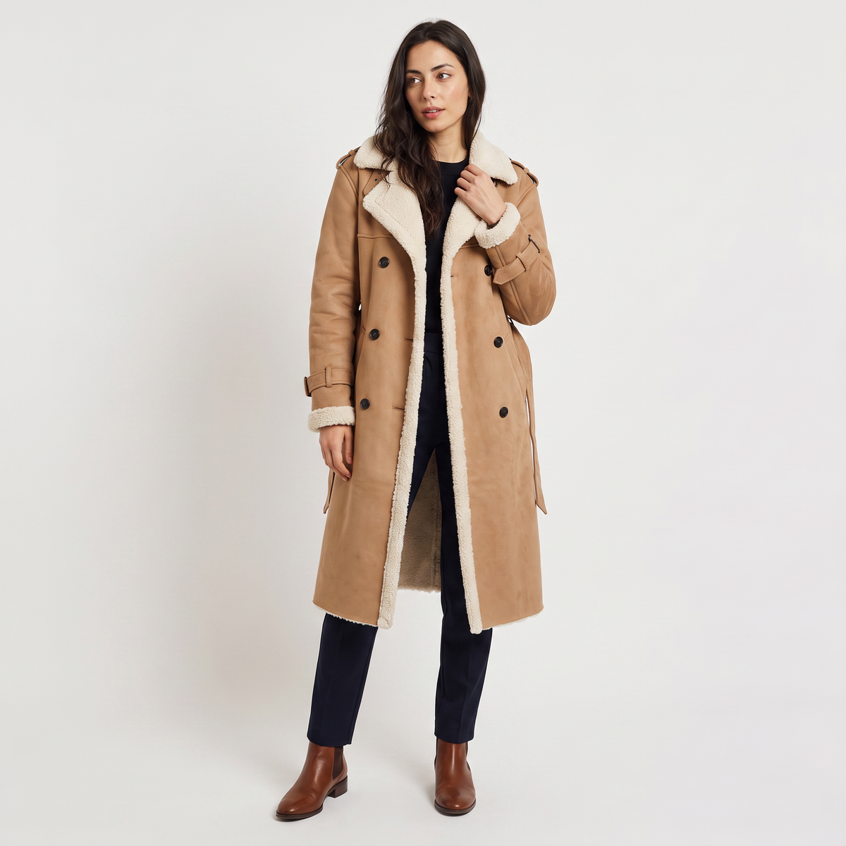 Manteau aviateur long ceinturé à bordures sherpa — Amielle Paris — vue 1