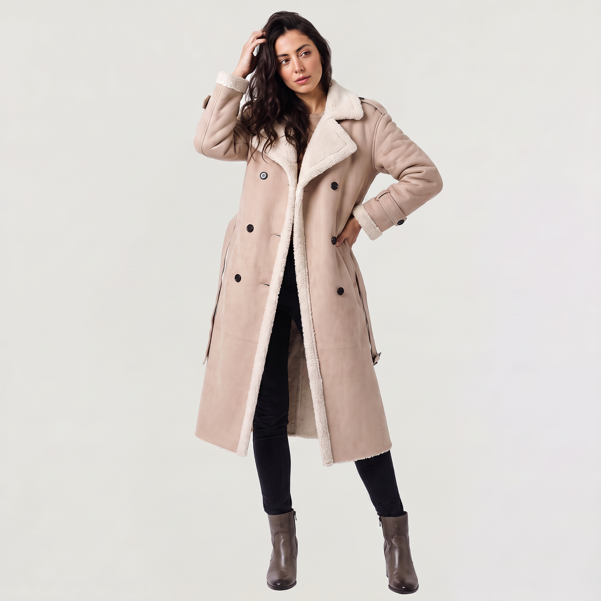 Manteau aviateur long ceinturé à bordures sherpa — Amielle Paris — vue 10
