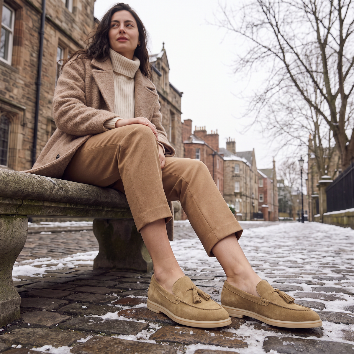 Mocassins taupe en daim à pampilles, doublés cuir — Amielle Paris — vue 2