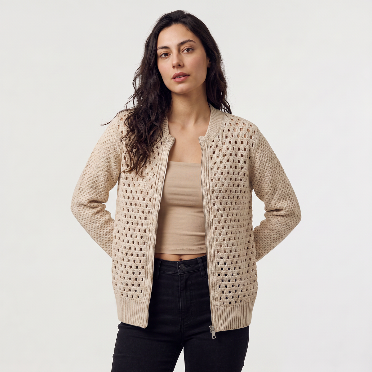 Cardigan ajouré zippé à col rond — Amielle Paris — vue 1