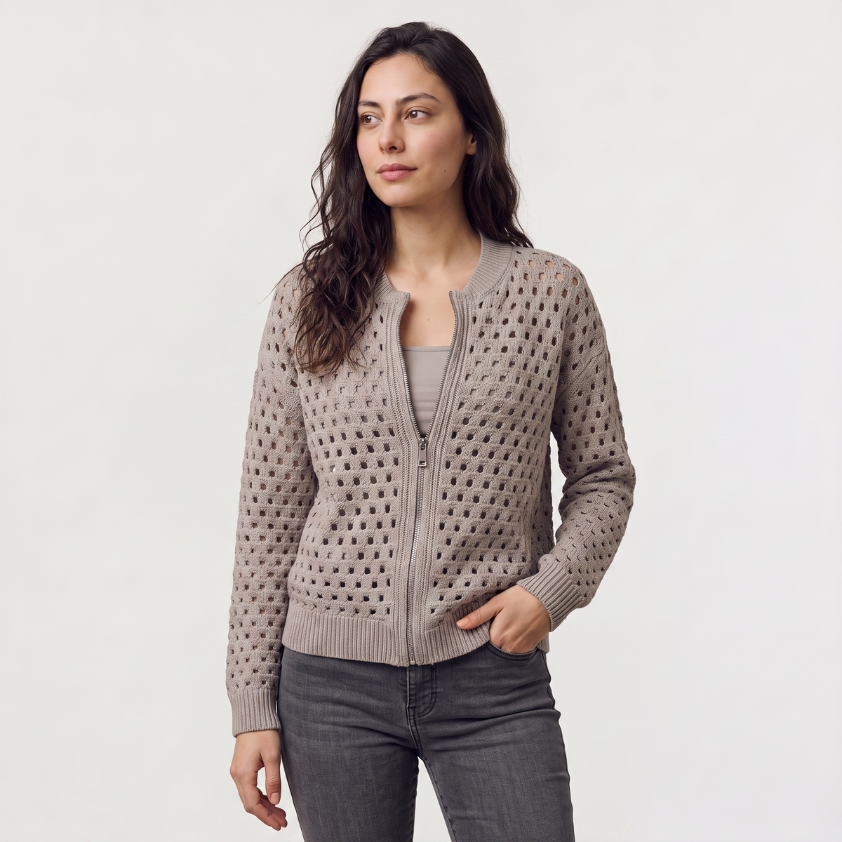 Cardigan ajouré zippé à col rond — Amielle Paris — vue 10