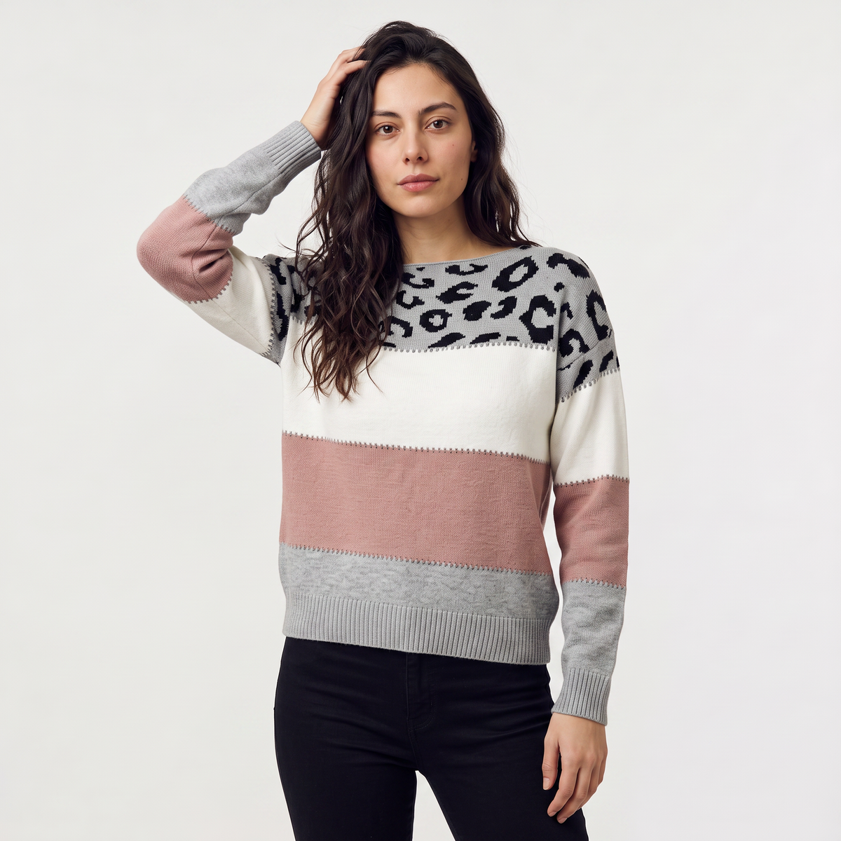 Pull à empiècement léopard et blocs de couleur — Amielle Paris — vue 1