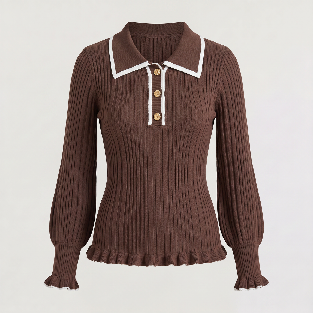 Pull polo côtelé à boutons dorés et bords volantés — Amielle Paris — vue 6