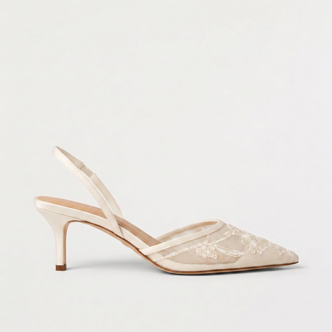Mules à talon fin en résille brodée de fleurs