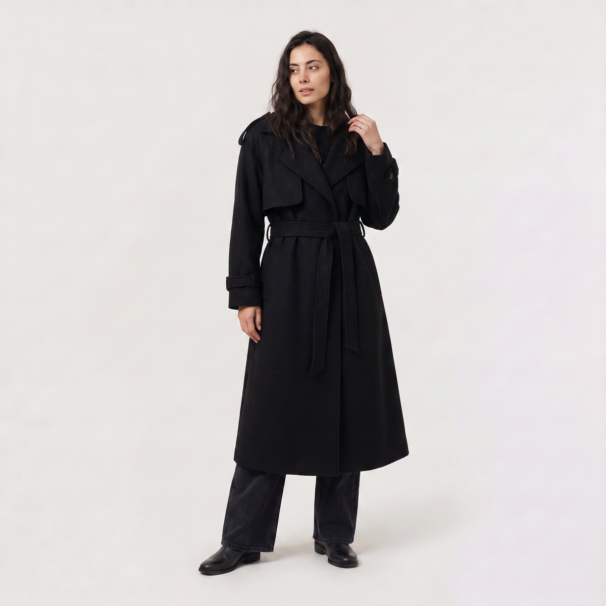 Manteau long ceinturé en laine et coton — Amielle Paris — vue 9