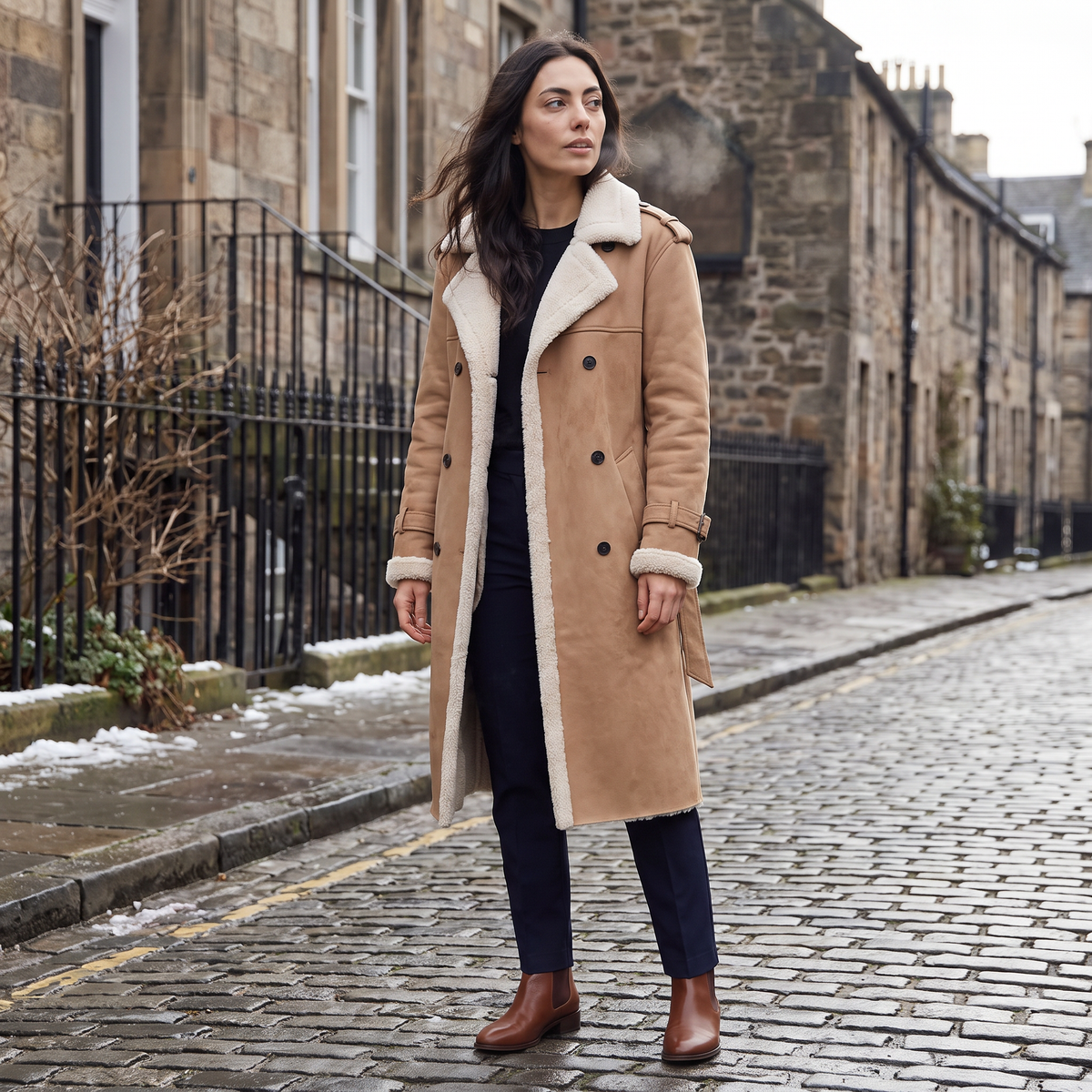 Manteau aviateur long ceinturé à bordures sherpa — Amielle Paris — vue 2