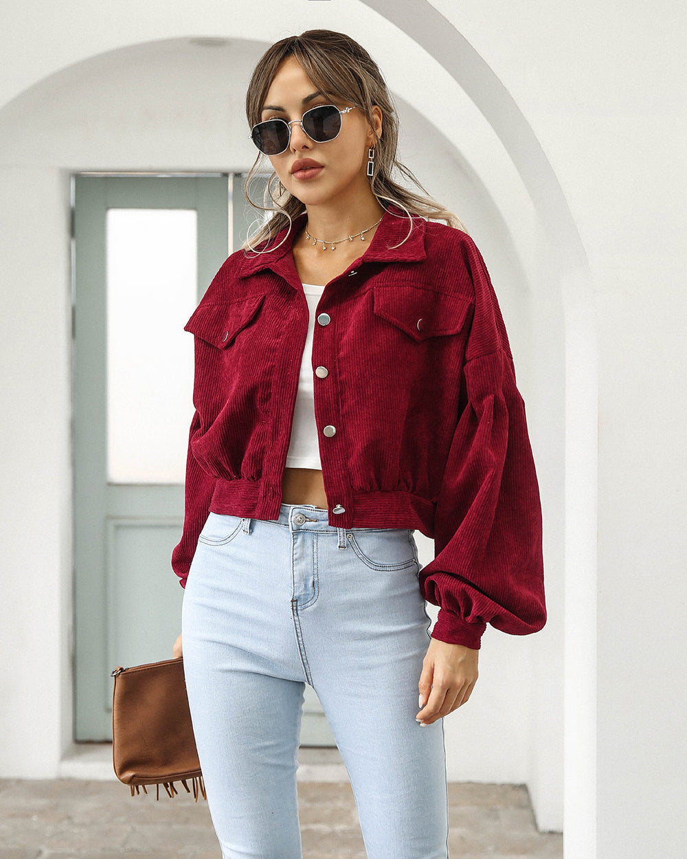 Veste courte en jean à manches ballon — Amielle Paris