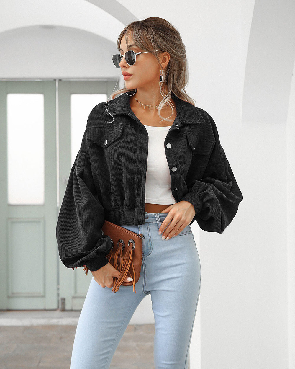 Veste courte en jean à manches ballon — Amielle Paris