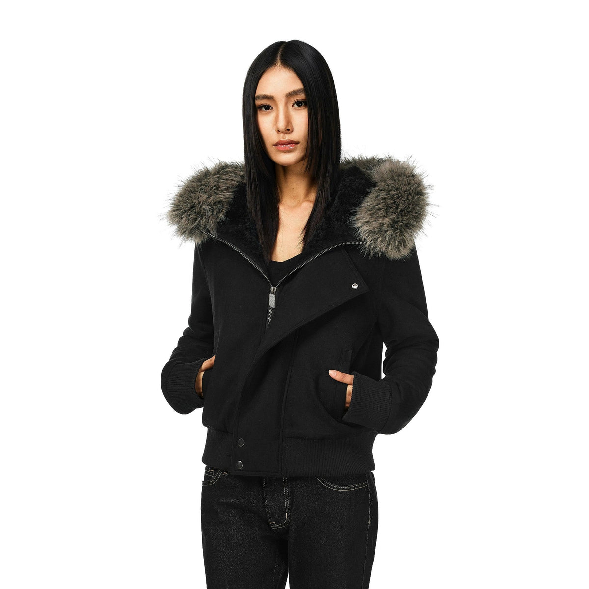 Sasha — Blouson à capuche et zip asymétrique — Amielle Paris