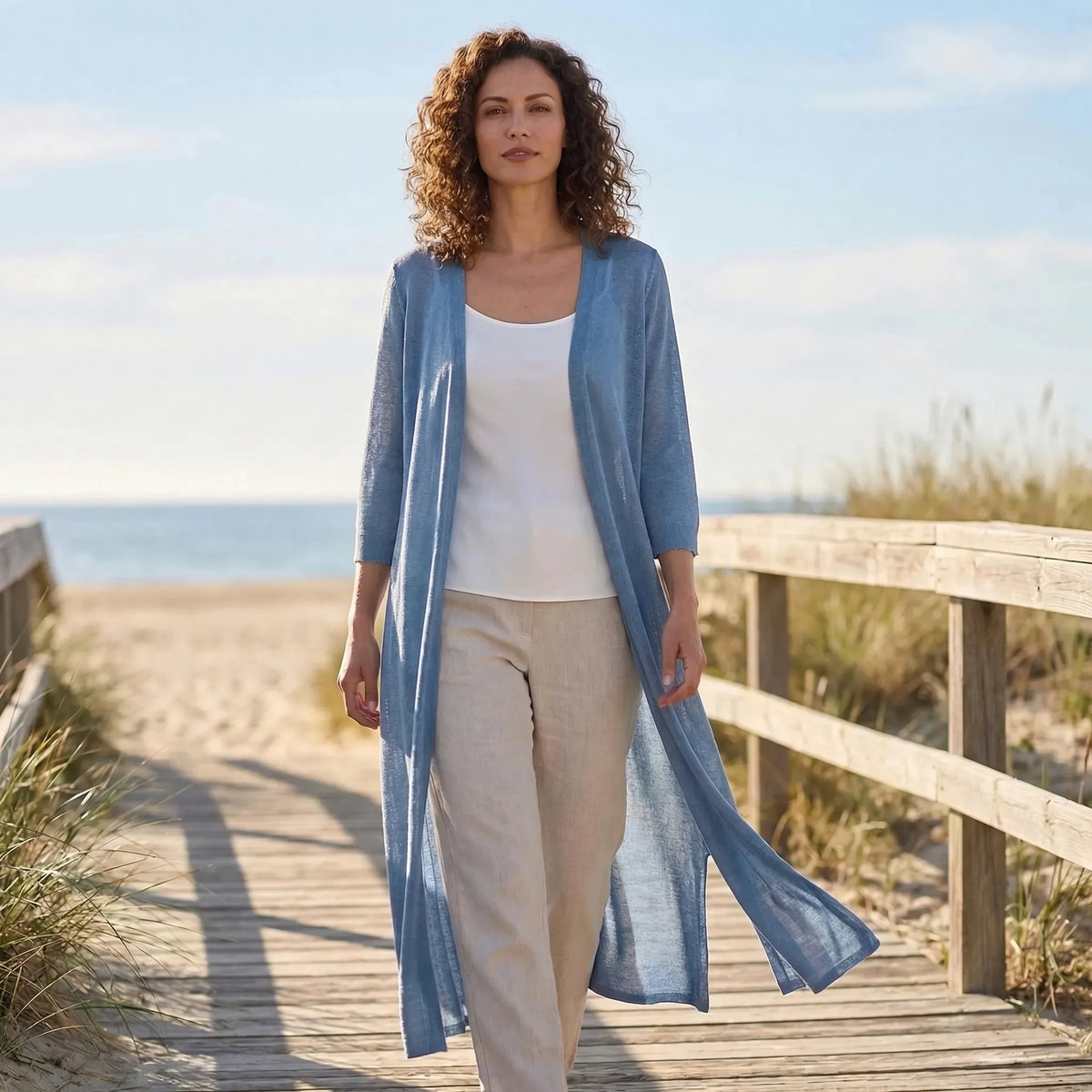 Renée — Cardigan long ouvert sans col — Amielle Paris