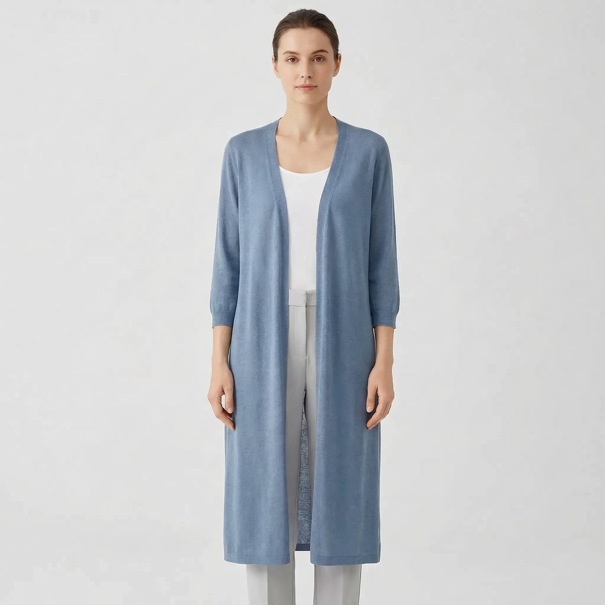 Renée — Cardigan long ouvert sans col — Amielle Paris