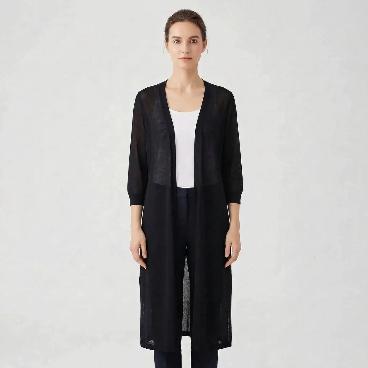 Renée — Cardigan long ouvert sans col — Amielle Paris