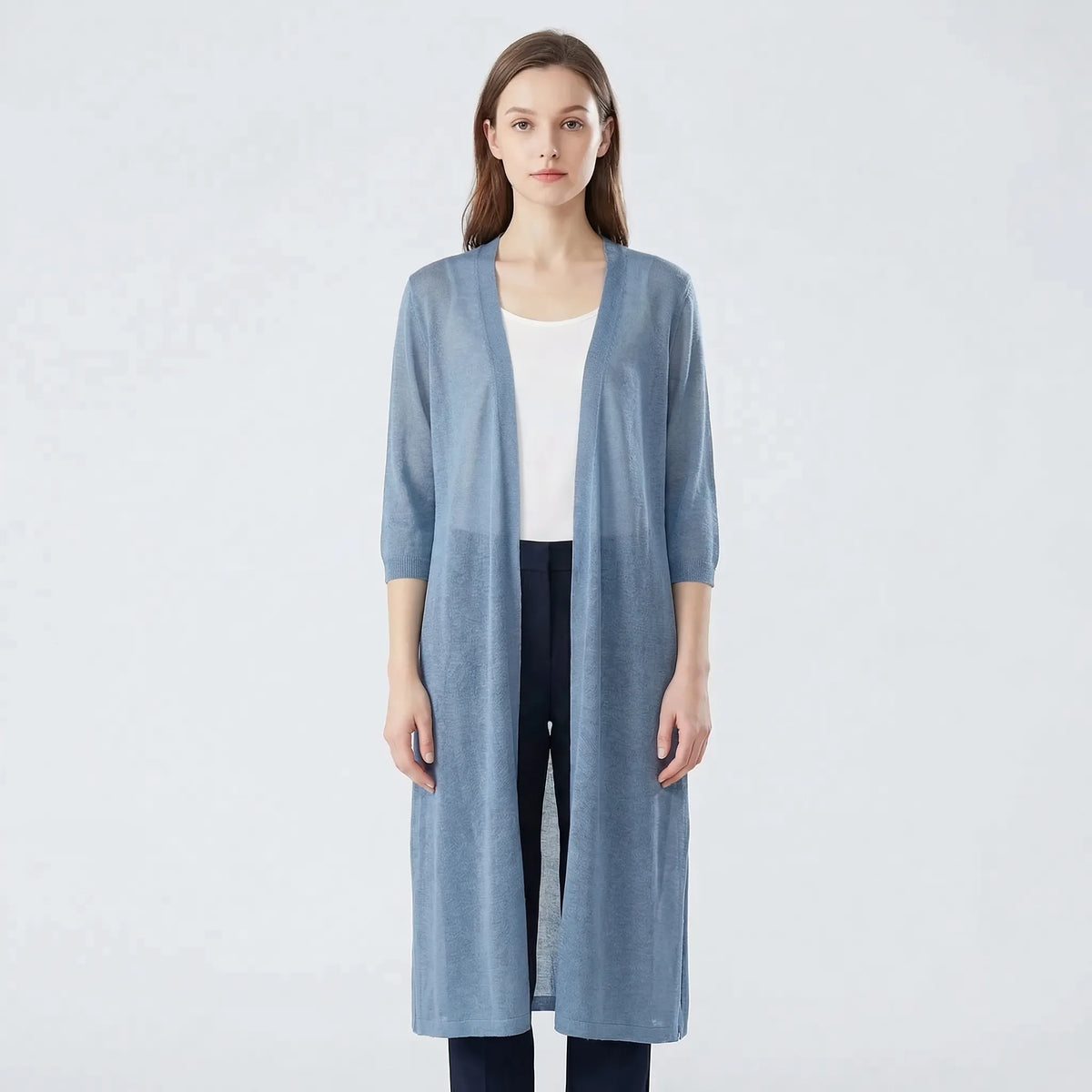Renée — Cardigan long ouvert sans col — Amielle Paris