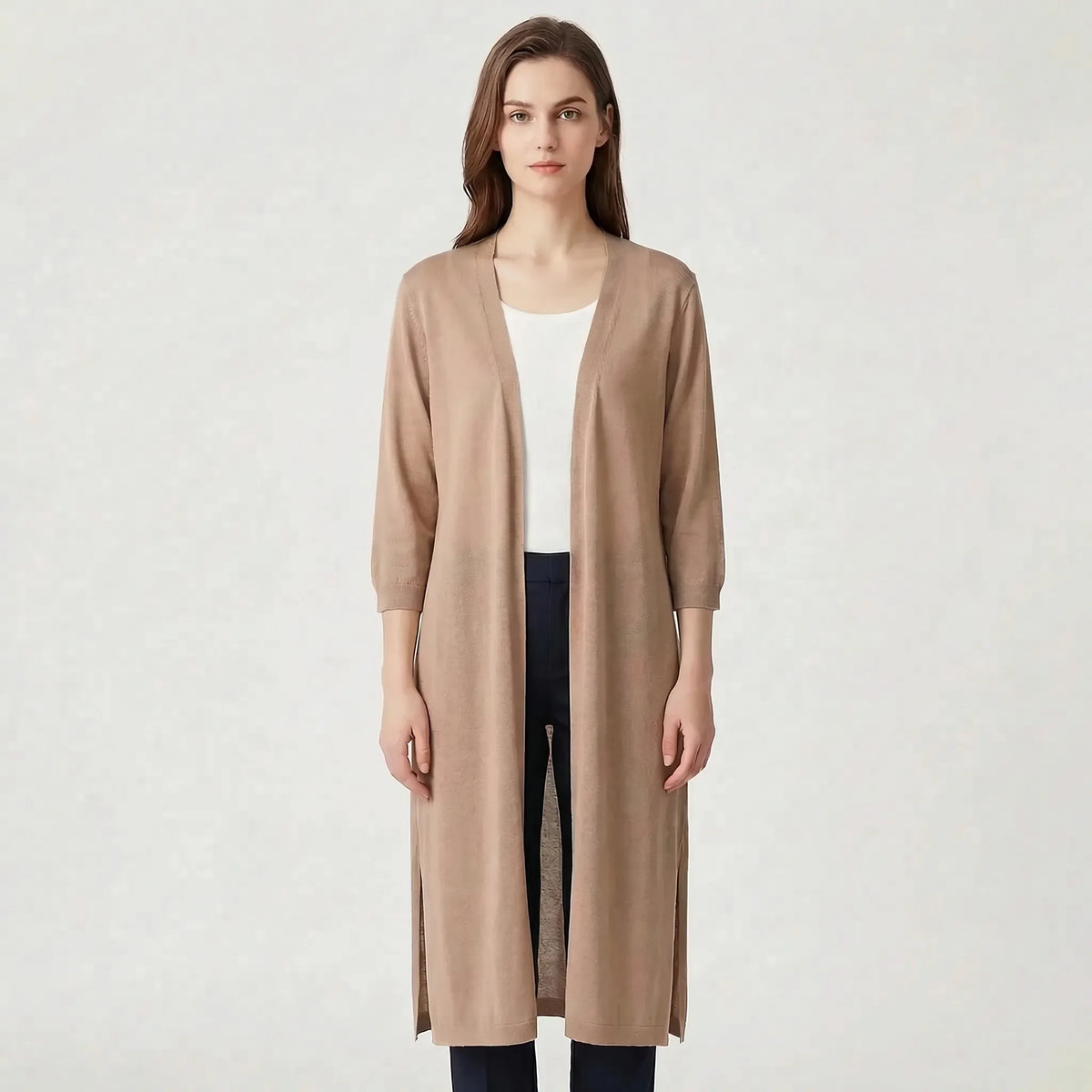Renée — Cardigan long ouvert sans col — Amielle Paris
