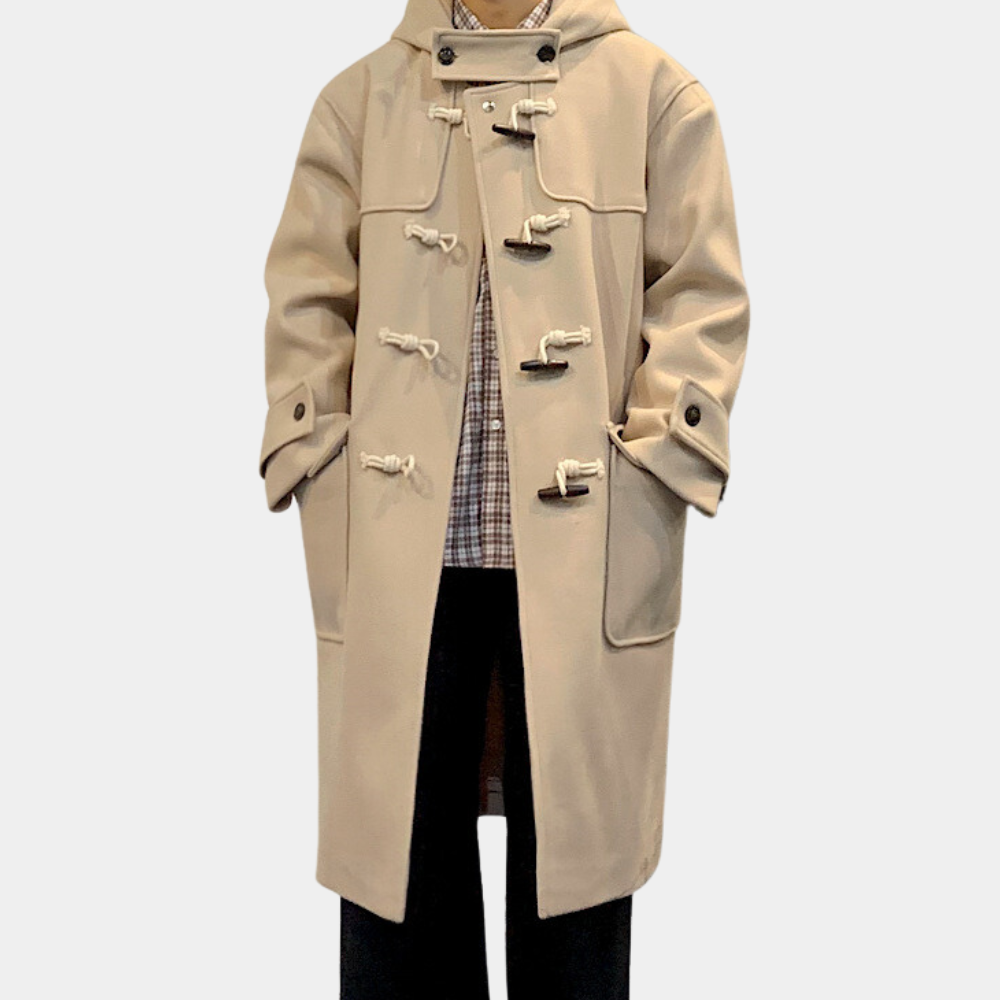 Talia — Manteau long à capuche et brandebourgs — Amielle Paris