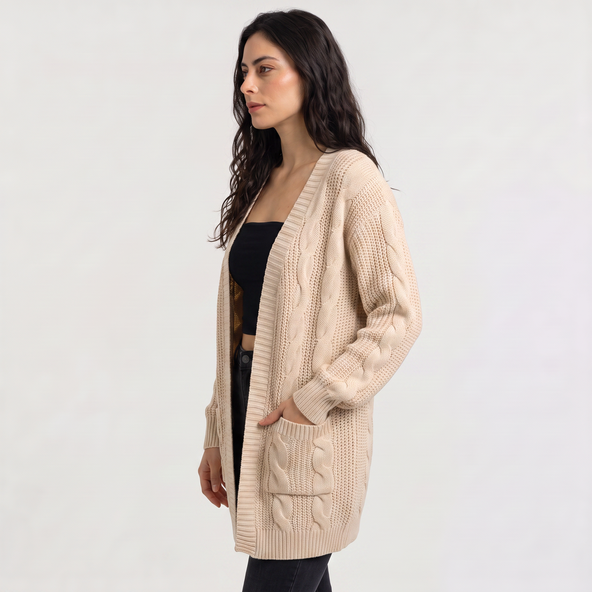 Cardigan long ouvert à torsades et manches chauve-souris — Amielle Paris — vue 5