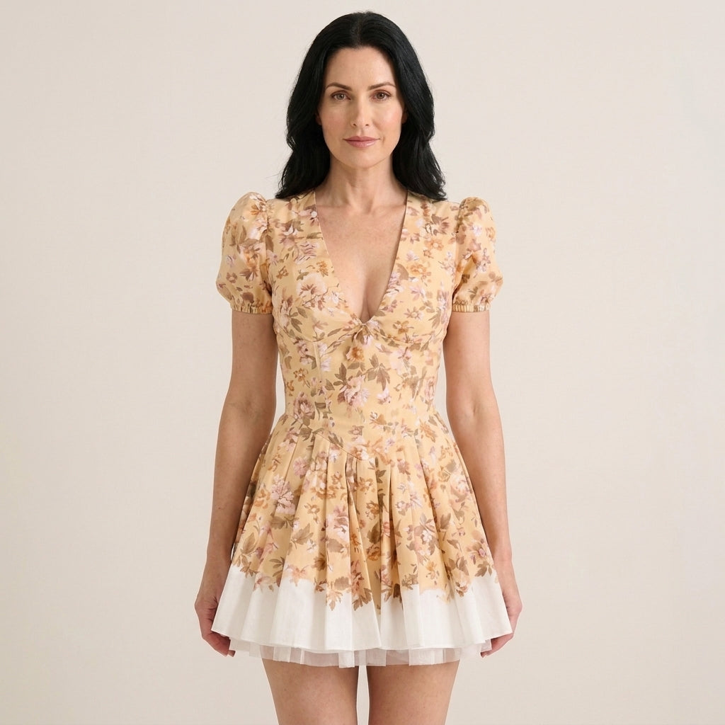 Robe courte fleurie à manches bouffantes — vue principale