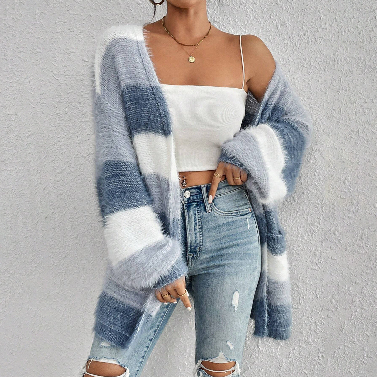 Gilet ample duveteux à rayures et poches — Amielle Paris