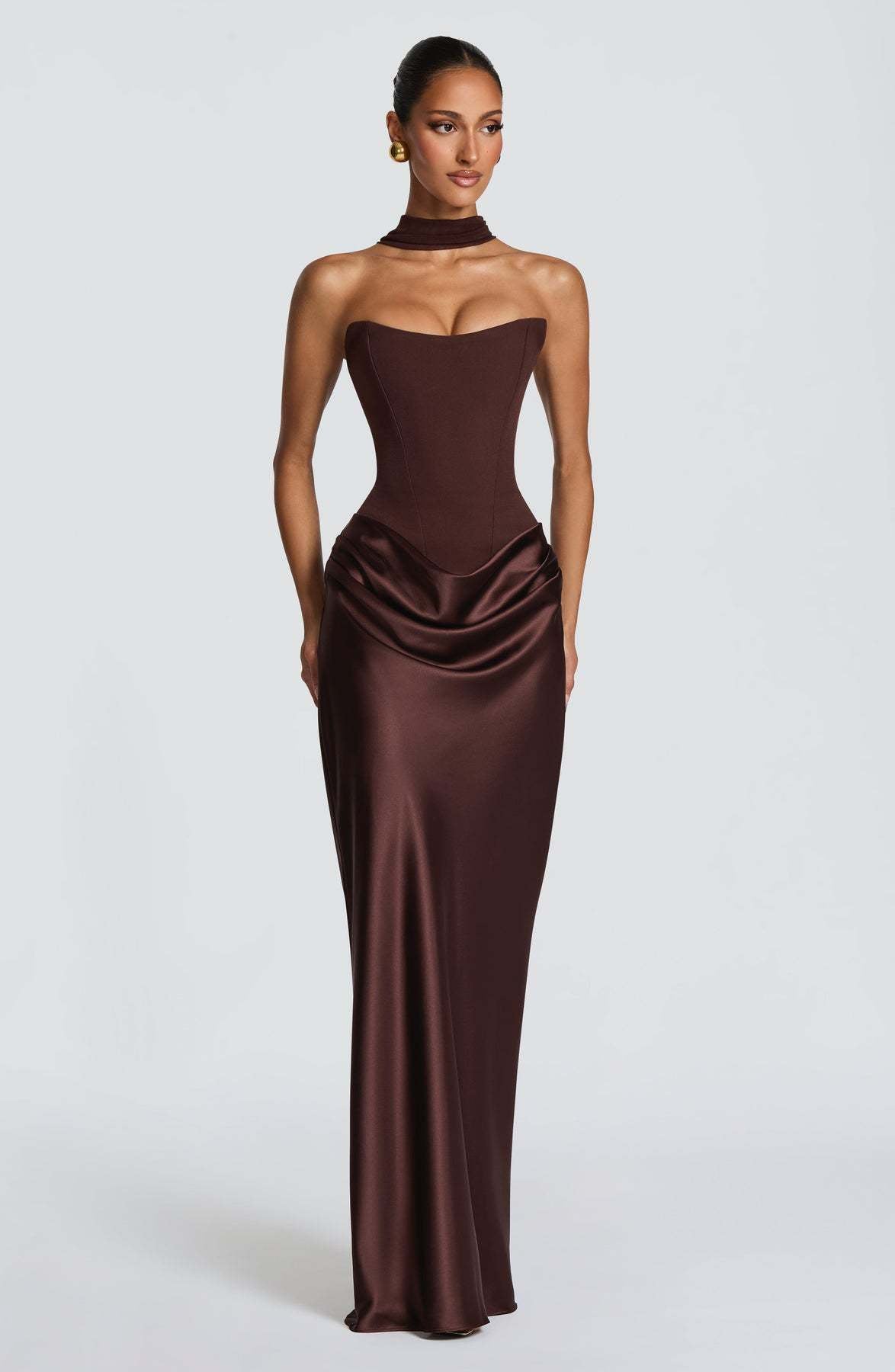 Naëlle — Robe longue bustier satinée et drapée — Amielle Paris