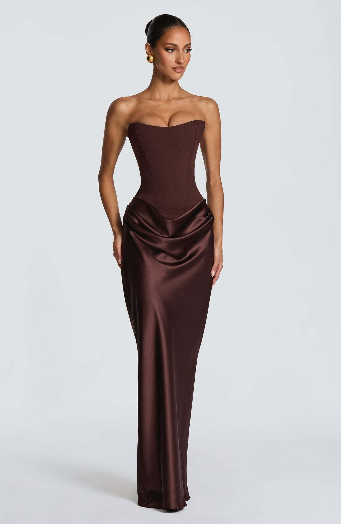 Naëlle — Robe longue bustier satinée et drapée — Amielle Paris