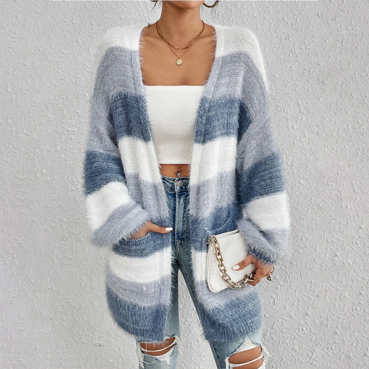 Gilet ample duveteux à rayures et poches — Amielle Paris