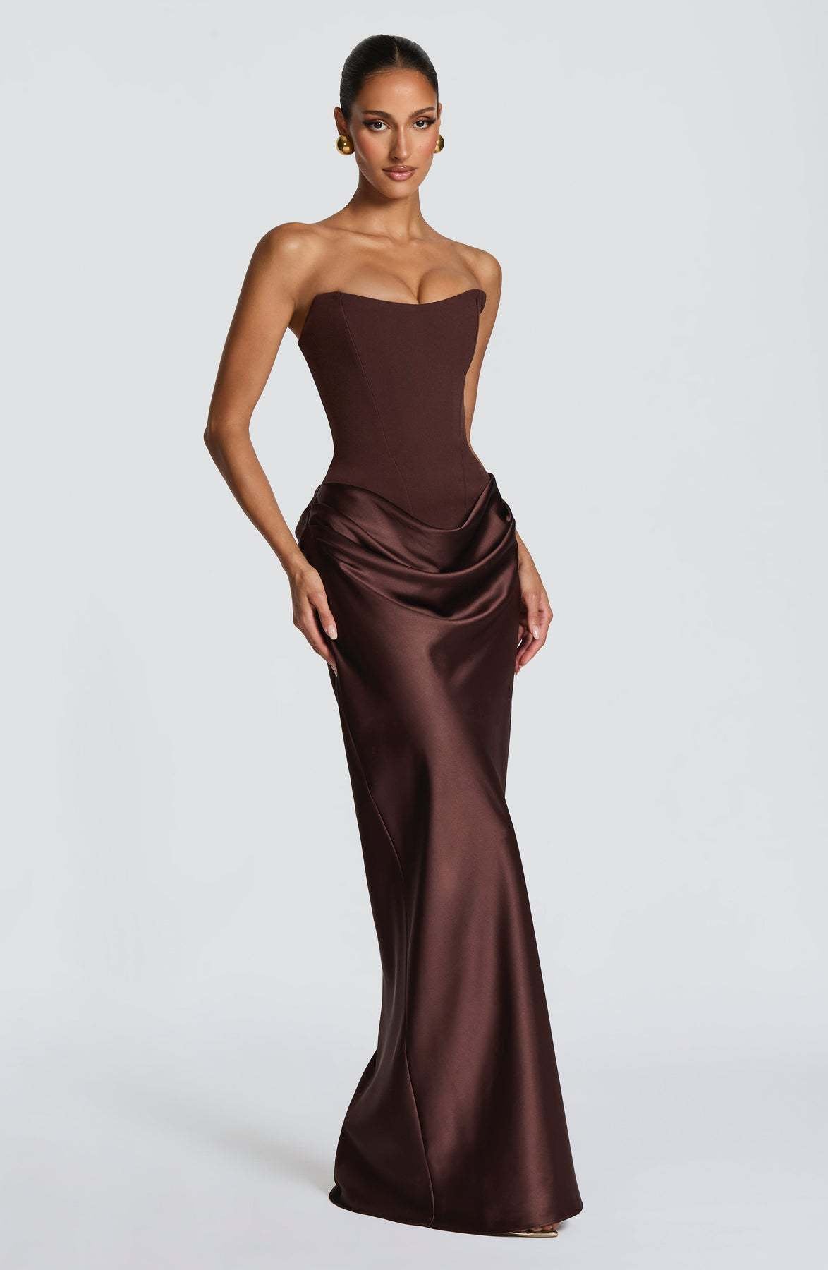 Naëlle — Robe longue bustier satinée et drapée — Amielle Paris
