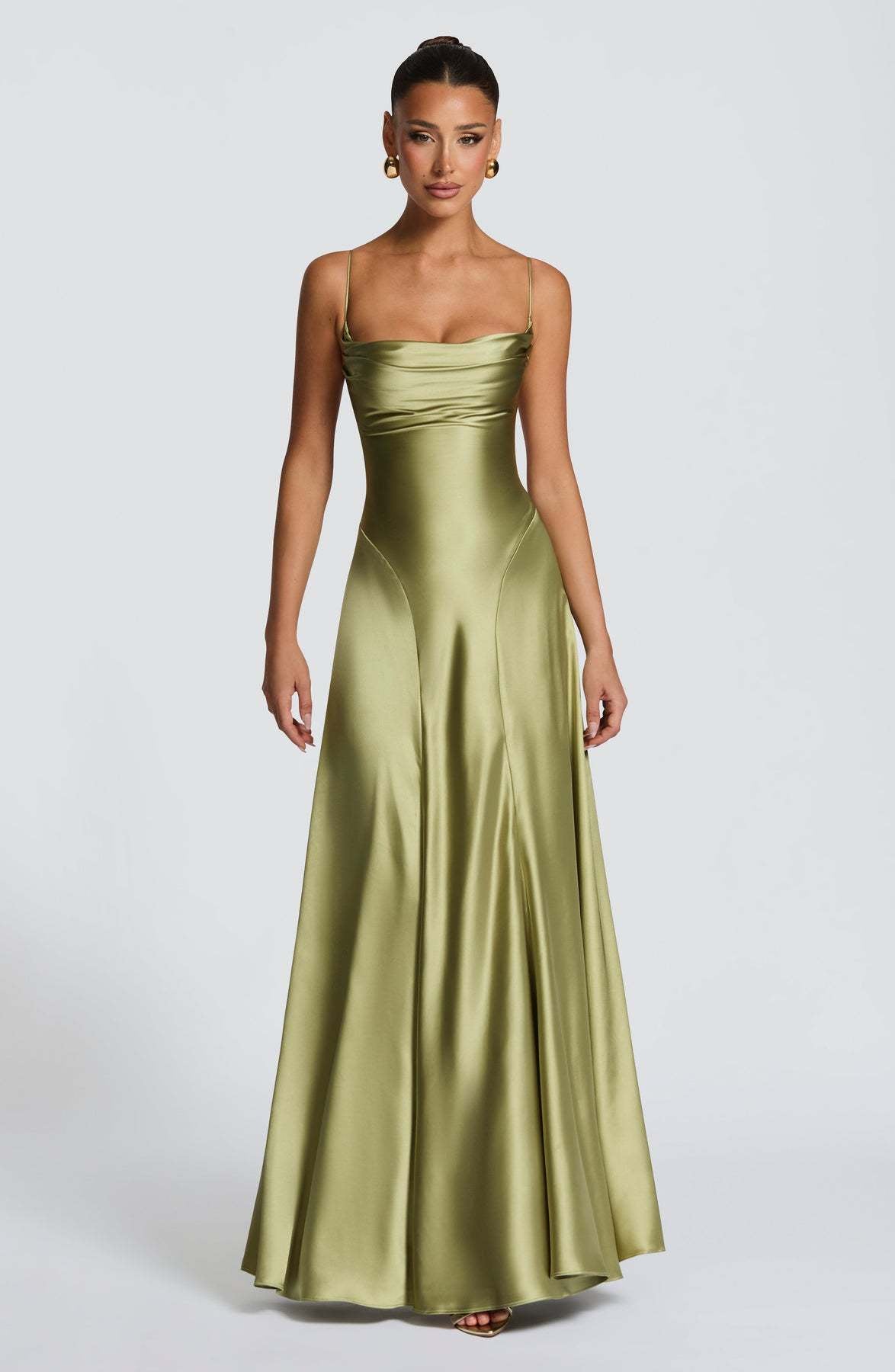 Mireille — Robe longue satinée à col bénitier — Amielle Paris