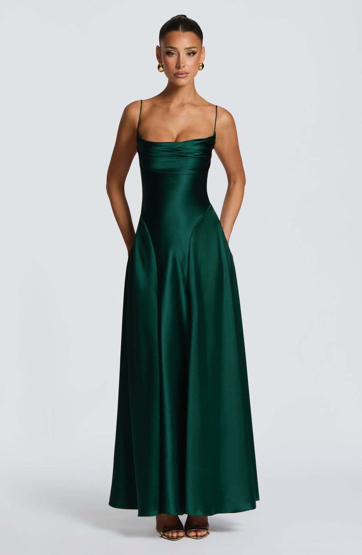 Mireille — Robe longue satinée à col bénitier — Amielle Paris