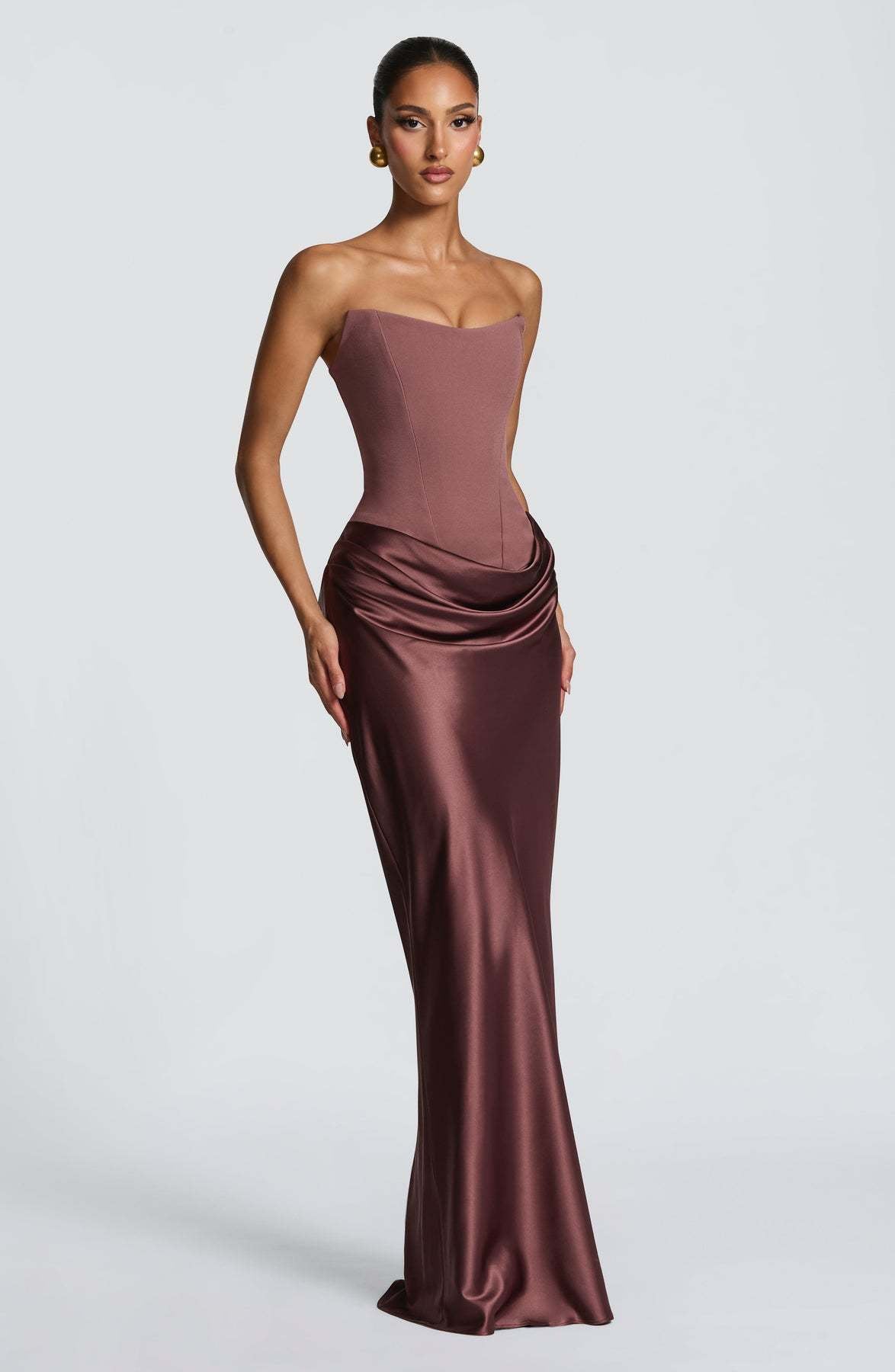 Naëlle — Robe longue bustier satinée et drapée — Amielle Paris