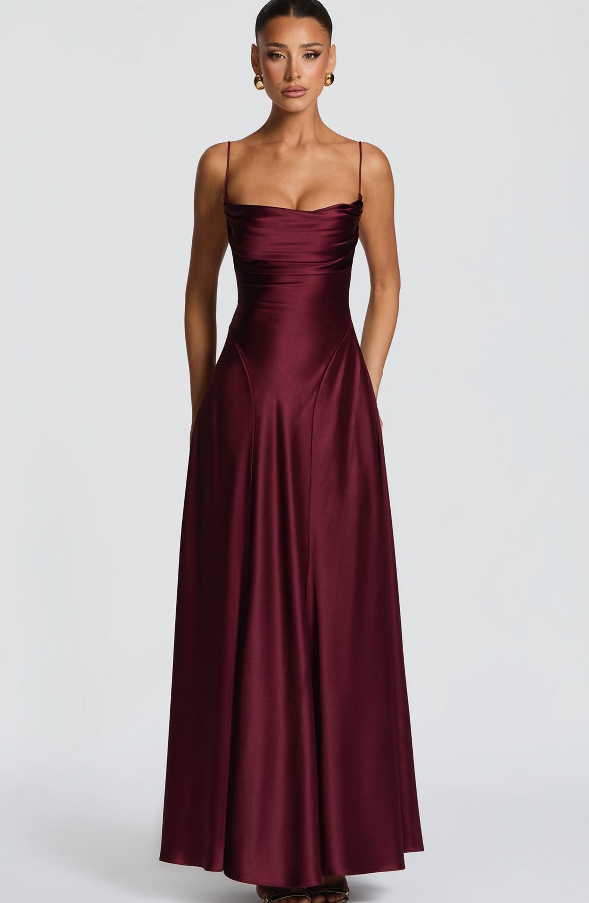 Mireille — Robe longue satinée à col bénitier — Amielle Paris