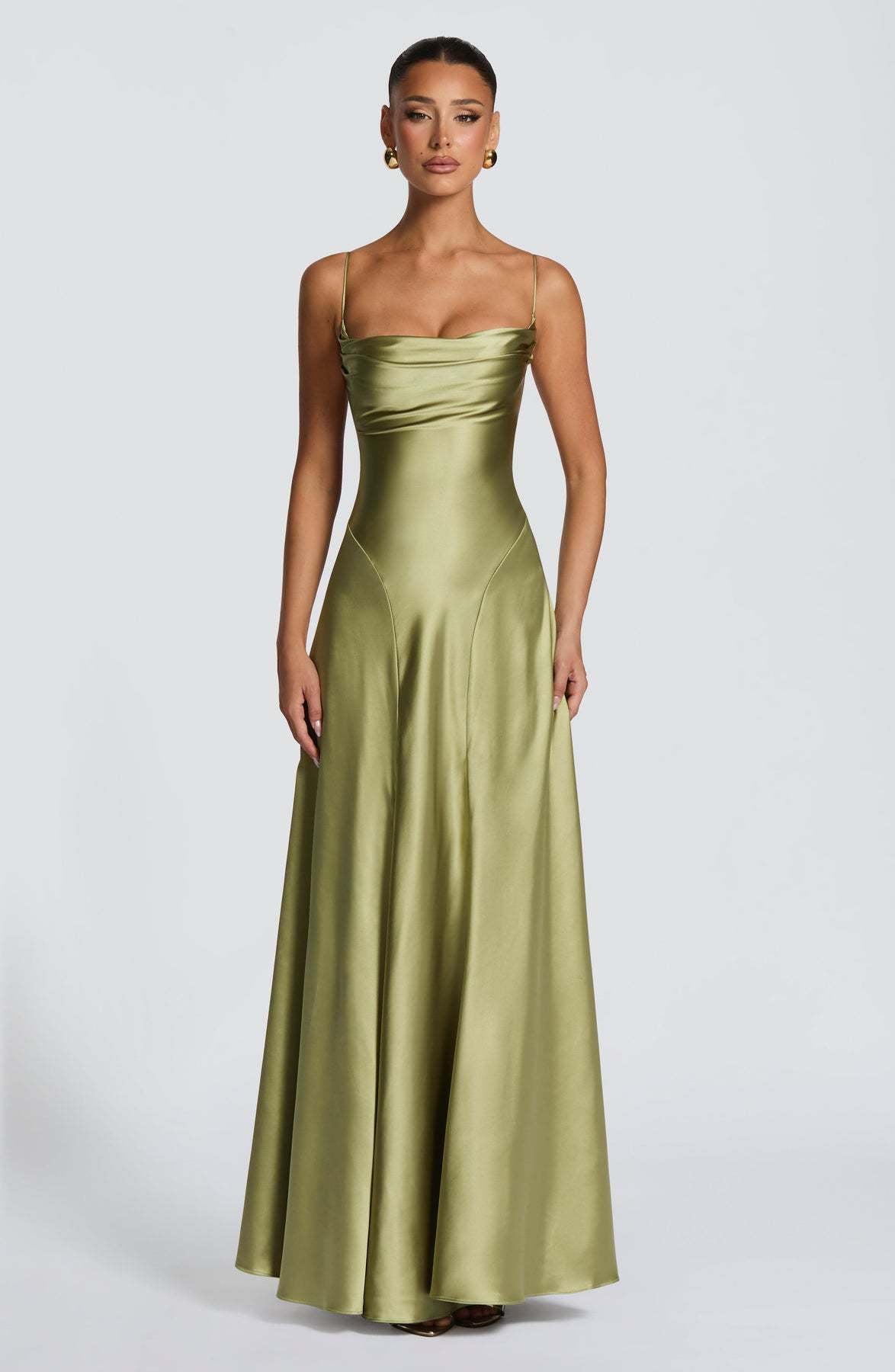 Mireille — Robe longue satinée à col bénitier — Amielle Paris